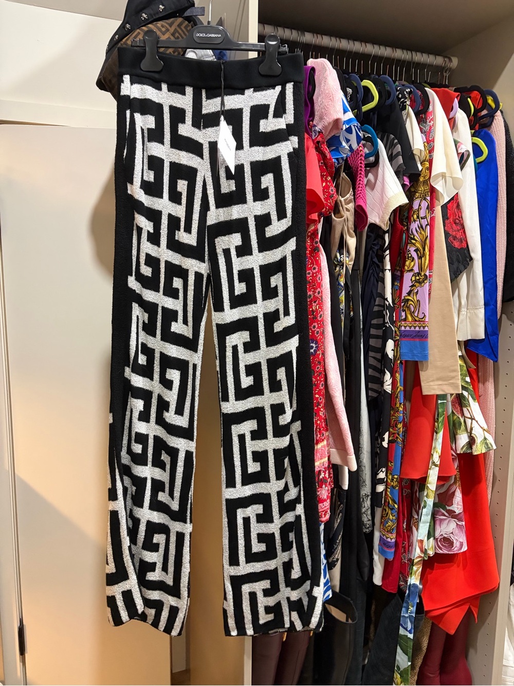 Balmain Black & White Wide-Leg Geometric Knit Pants